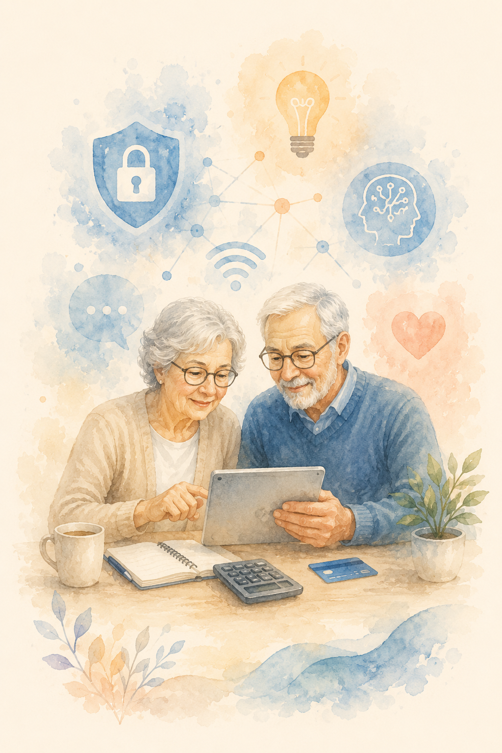 Dvaja seniori si spolu pozerajú tablet a učia sa o umelej inteligencii